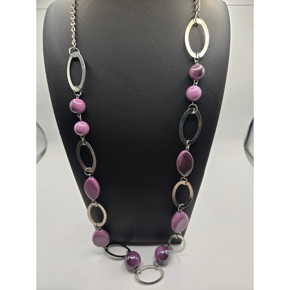 Silver Tone Long Station Necklace Purple Oval Round Beads Adjustable 32 Inch